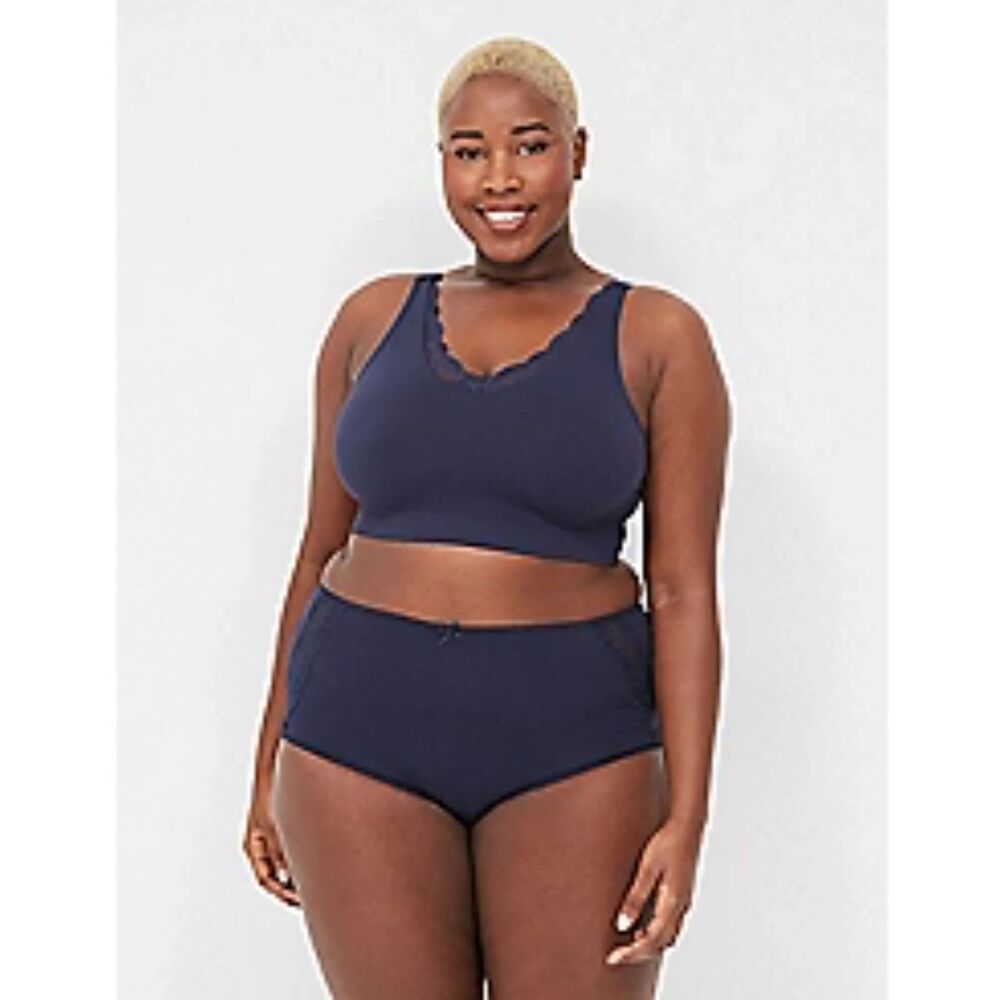 NWT Lane Beyant Cotton Full Brief Panty Lace-Trimmed Back Marine Blue Size 30/32